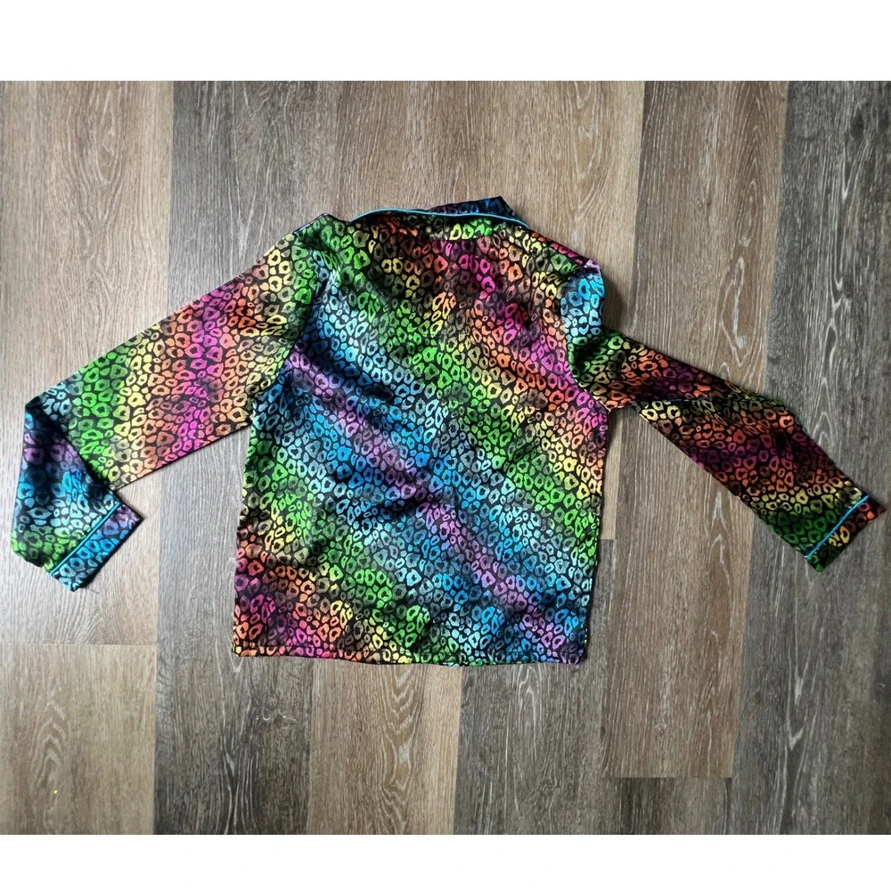 Candie's Pajama Top Girls XL 12/14 Rainbow Leopard Satin Long Sleeve Button Down